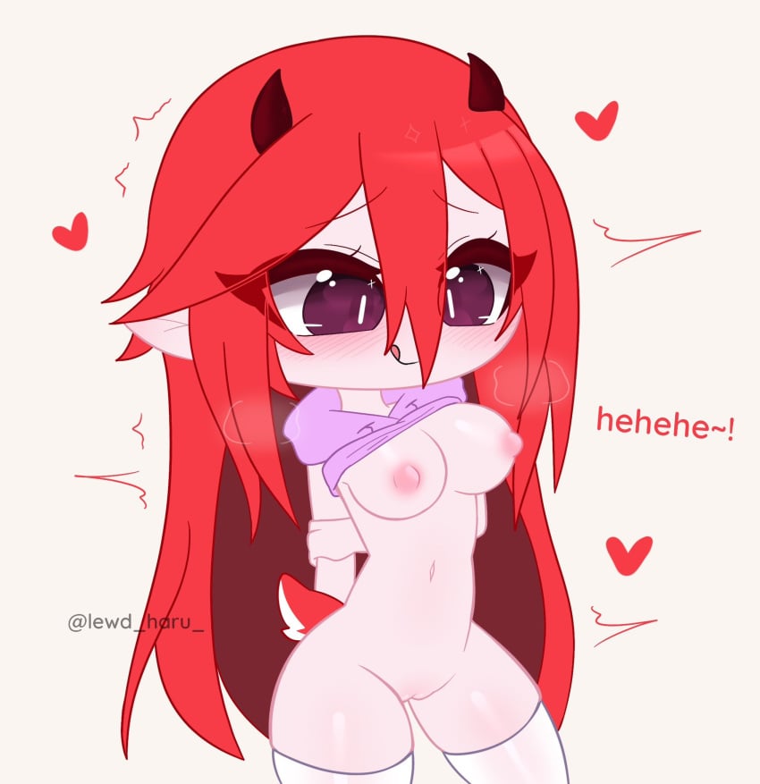 1girls gacha hearts_around_body hearts_around_head lewd_haru_(artist) licking_lips mako_(meow_shady2) oc red_hair shirt_up slightly_blushing small_breasts small_horns solo thighhighs