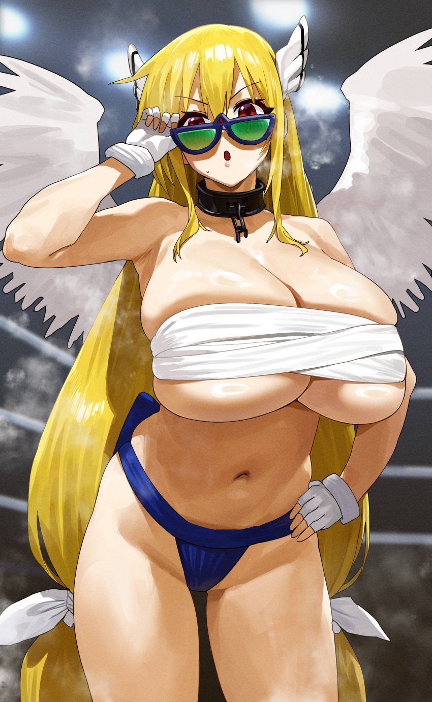 1girls angel_wings astraea_(sora_no_otoshimono) bare_shoulders blonde_hair breasts breasts_bigger_than_head bursting_breasts busty chains cleavage eyewear feipin_zhanshi female female_only fingerless_gloves glasses gloves hair_between_eyes hand_on_hip head_wings highres huge_breasts long_hair looking_at_viewer navel open_mouth sarashi solo sora_no_otoshimono steam steaming_body sunglasses sweat sweatdrop tied_hair very_long_hair wings