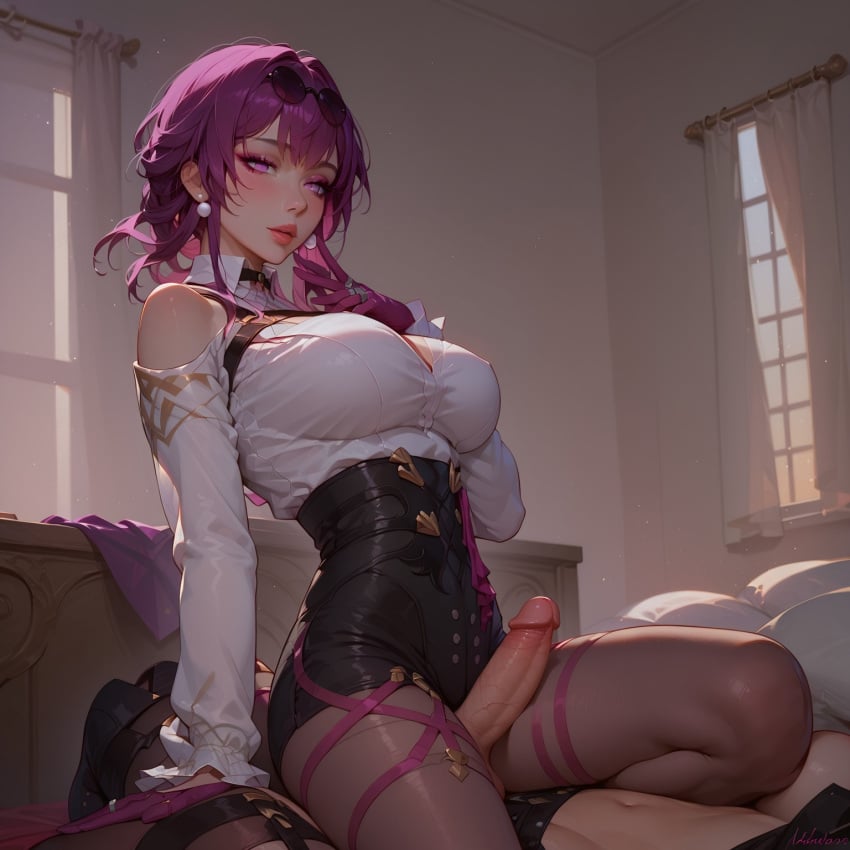 ai_generated athletic_futanari bedroom_background big_breasts blindparty choker civitai dickgirl futanari honkai:_star_rail kafka_(honkai:_star_rail) pantyhose penis purple_eyes purple_hair solo