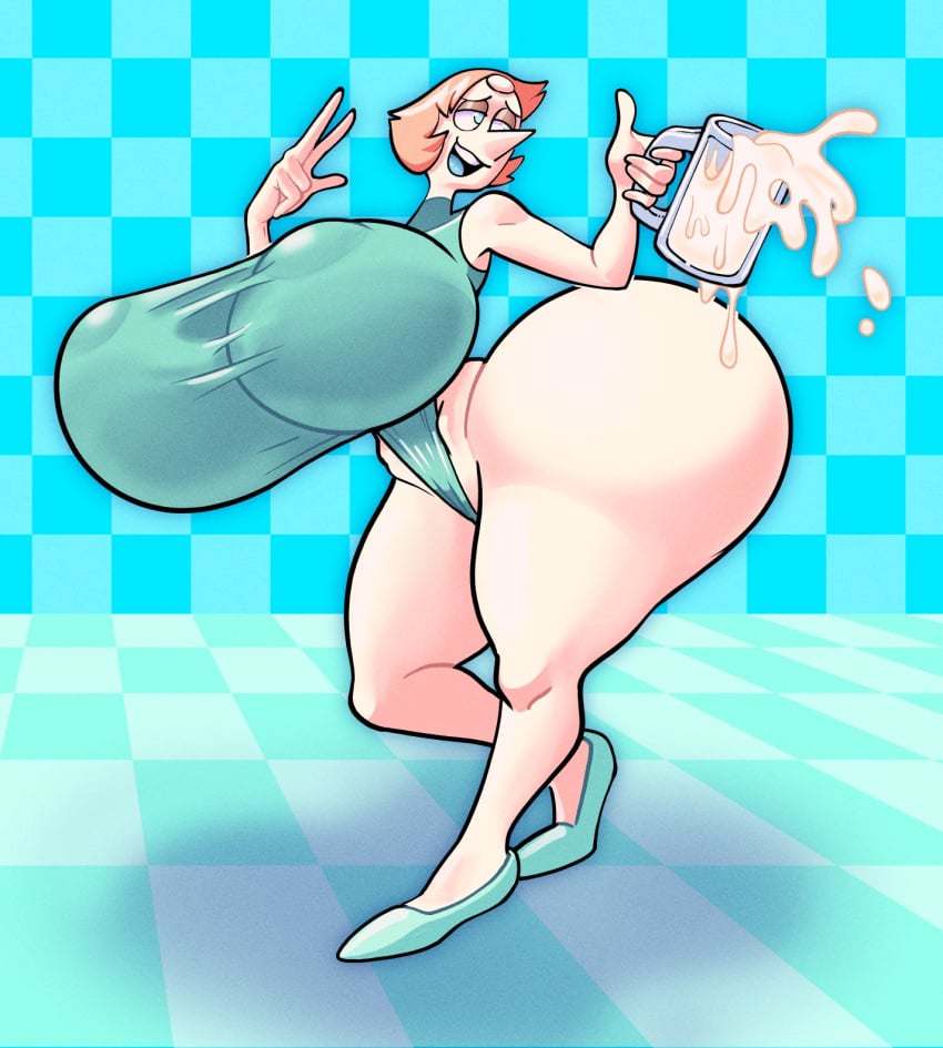 1girls ass_bigger_than_head ballerina_shoes blue_eyes breasts_bigger_than_head cartoon_network clothed galactabee gem_(species) gigantic_ass gigantic_breasts holding_drink holding_glass holding_milk huge_ass huge_breasts nipples_visible_through_clothing one-piece one-piece_suit orange_hair pale_skin pearl_(steven_universe) pointy_nose solo steven_universe v_sign yellowjackinit