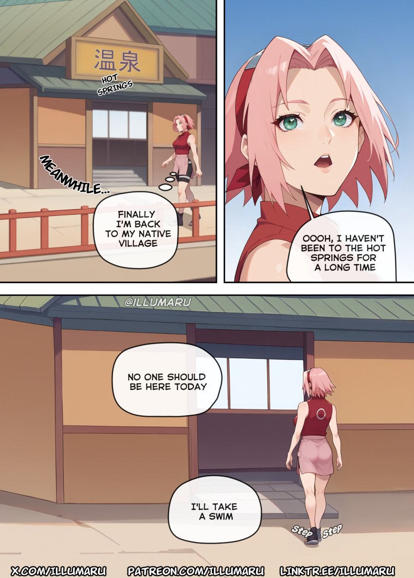 1girls 2024 abs ai_assisted big_breasts comic detailed doujinshi english_text hi_res hot_spring illumaru manga naruto naruto_(series) naruto_shippuden sakura_haruno stable_diffusion text webcomic