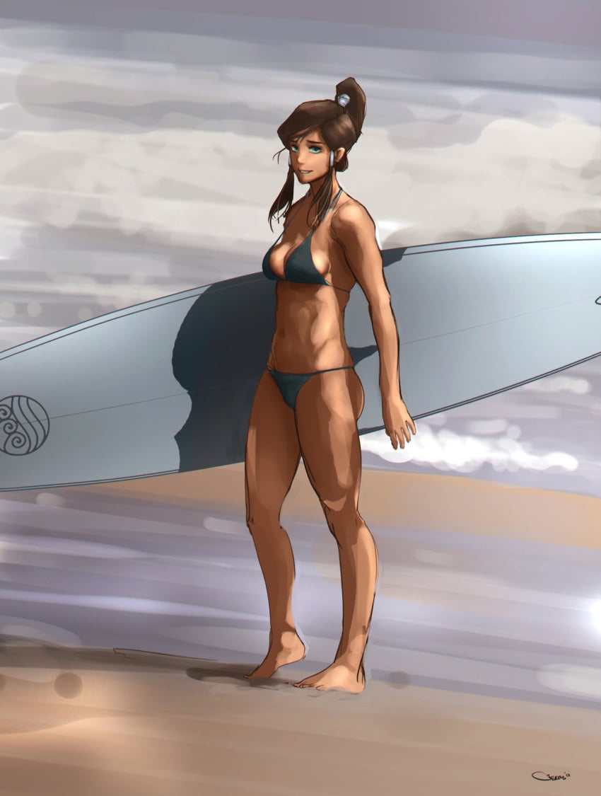 1girls avatar_legends beach bikini blue_eyes brown_hair cleavage dark-skinned_female dark_skin darren_geers female female_only human korra medium_breasts navel ponytail smile solo standing straight_hair surfboard swimsuit the_avatar the_legend_of_korra tied_hair water_tribe