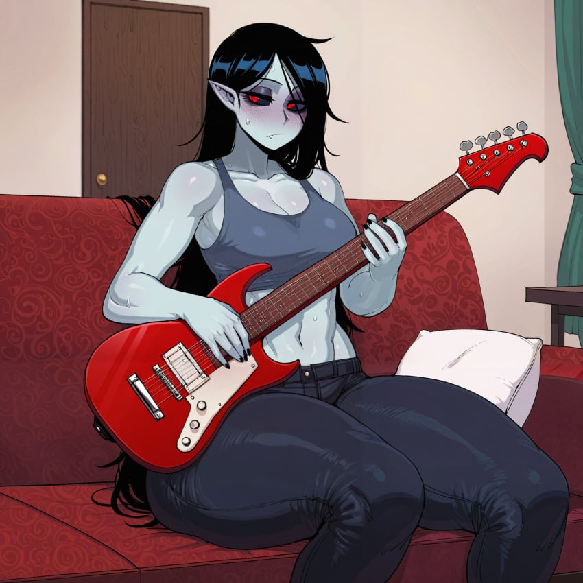 1girls adventure_time ai_generated black_hair blue_skin blush brown_hair cleavage female female_only goth goth_girl grey_skin looking_at_viewer marceline punk punk_girl solo vampire vampire_girl