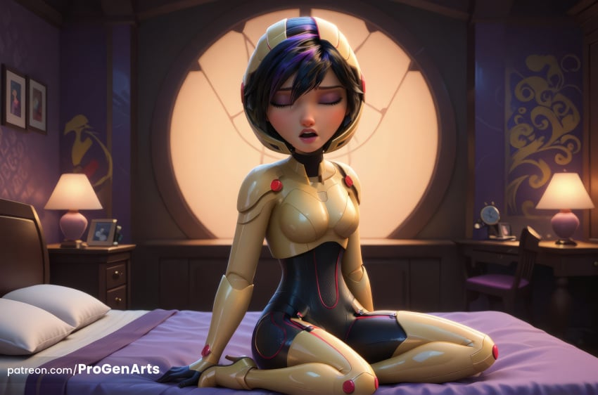 1girls ai_generated bed big_hero_6 big_hero_6:_the_series black_hair bodysuit breasts closed_eyes facing_viewer gogo_tomago helmet hi_res high_heels indoors lamp lips lipstick makeup marvel marvel_comics nose on_bed pillow progenarts short_hair sitting solo watermark web_address