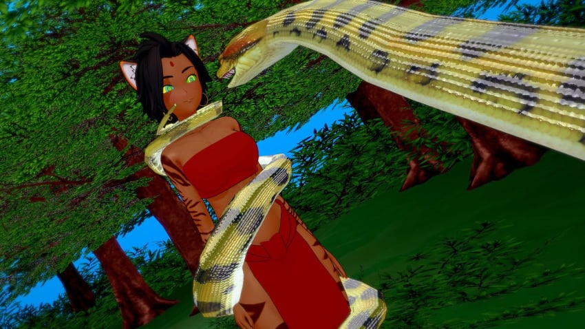 coiled_up coiling_around_body dark_skinned_female exposed_midriff female femsub happy_trance hypnosis hypnotic_eyes jungle_girl kaa_eyes koikatsu mind_control perfect_idiot rwby sienna_khan snake snake_coil wrapped_up