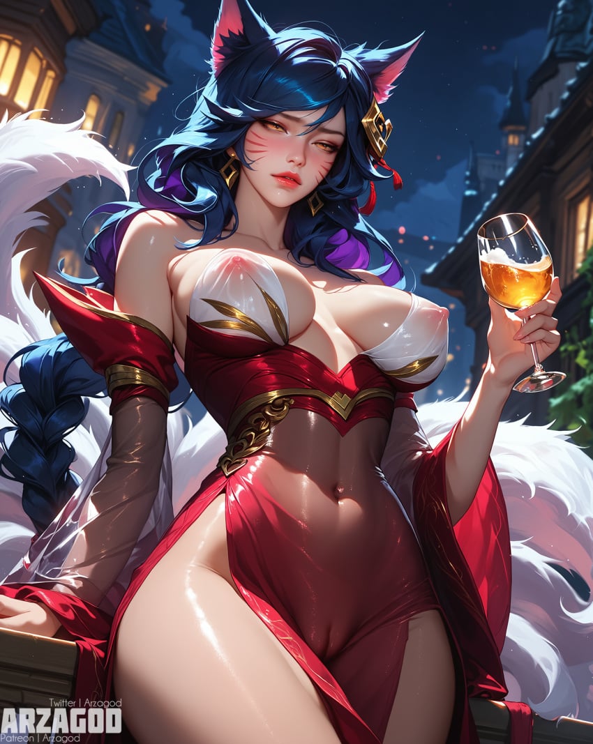 1girls ahri ai_generated alcohol arzagod big_breasts breasts covered_nipples dress drinking dripping drugs huge_breasts league_of_legends league_of_legends:_wild_rift nipples pussy pussy_juice see-through see-through_clothing solo solo_female tagme