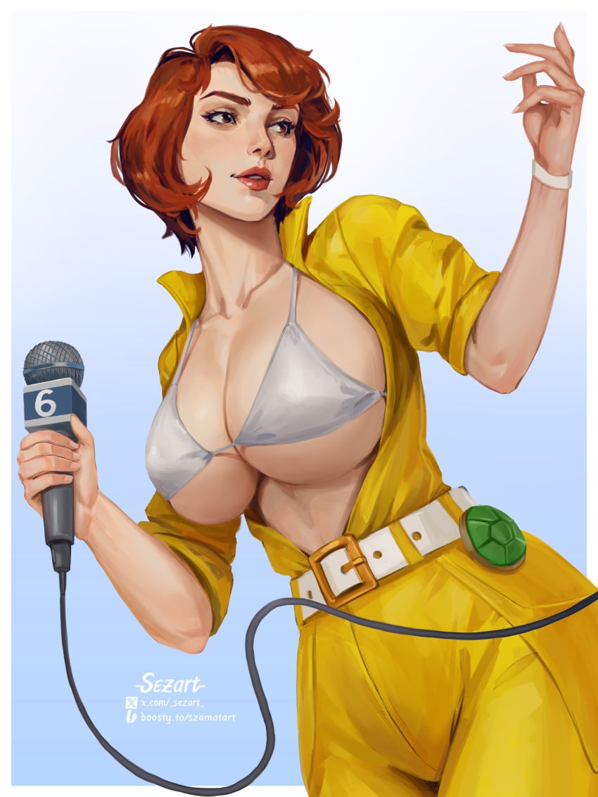 april_o'neil april_o'neil_(tmnt_1987) bra breasts clothing female female_only jumpsuit large_breasts microphone sezart solo teenage_mutant_ninja_turtles tmnt tmnt_1987 white_bra yellow_clothing