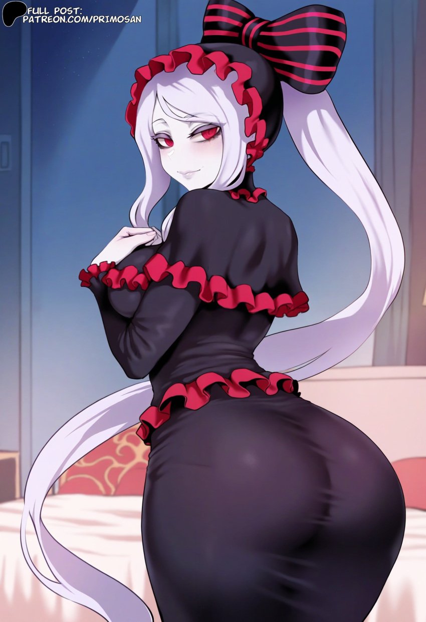 ai_generated ass ass_focus dress from_behind grey_skin hairbow hi_res highres long_hair looking_at_viewer medium_breasts overlord_(maruyama) pale-skinned_female pale_skin ponytail primosan red_eyes shalltear_bloodfallen skindentation smile standing vampire white_hair