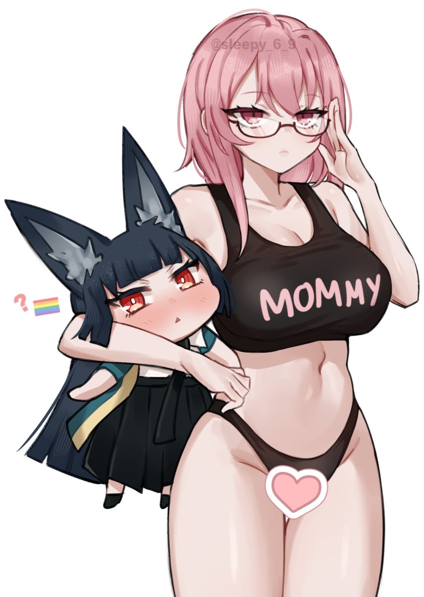 2girls animal_ears big_breasts black_hair blush breasts censored glasses hollow_special_operations_section_6 hoshimi_miyabi lgbt_pride mommy panties pink_eyes pink_hair red_eyes tagme tsukishiro_yanagi yuri zenless_zone_zero