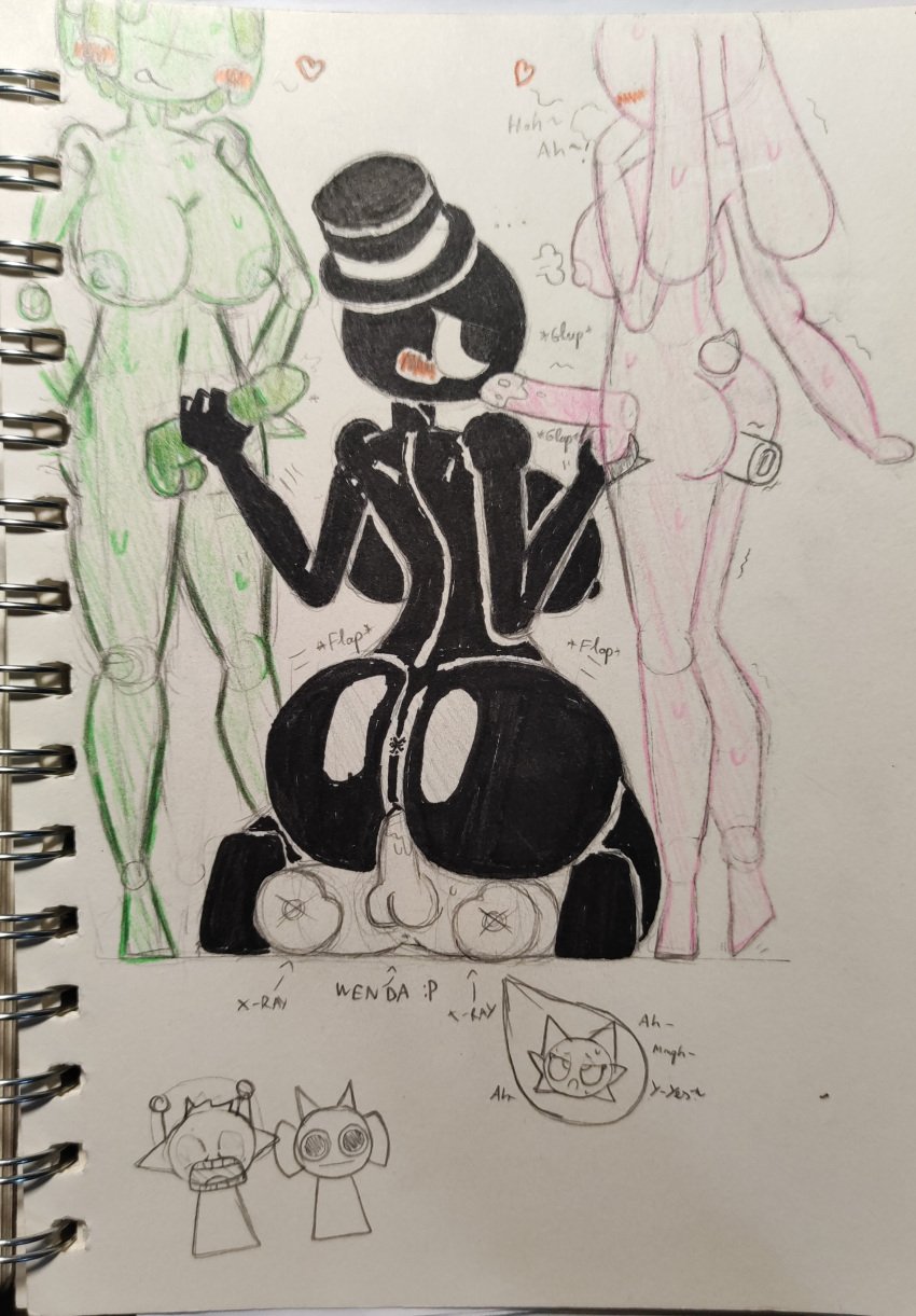 big_ass big_breasts black_(sprunki) black_body blowjob bunny_ears female_only foursome futa_on_female futanari green_body handjob huge_cock incredibox_mod pink_body pinki_(sprunki) plant_on_head rabbit_humanoid riding sprunki traditional_art vineria_(sprunki) wenda_(sprunki) white_ white_background white_body x-ray