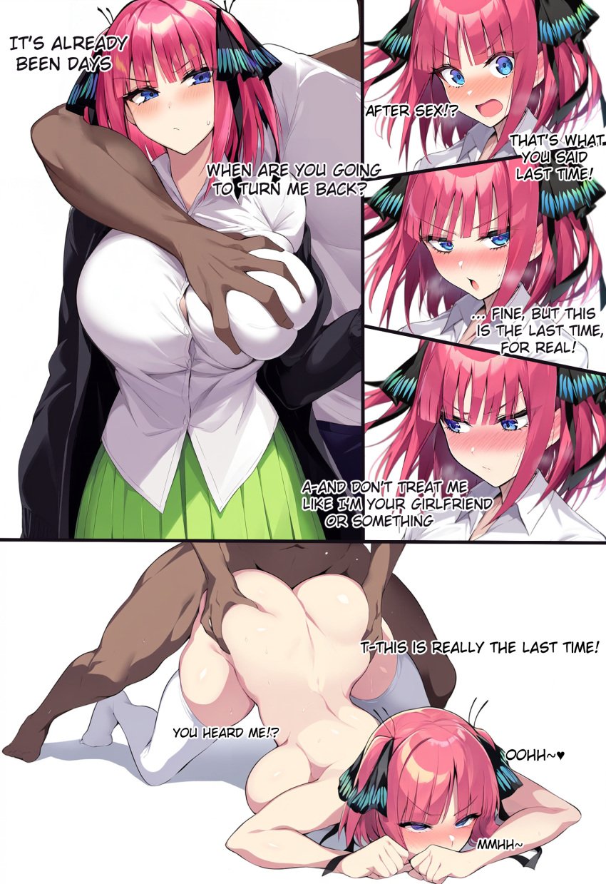 1boy 1girls ahe_gao ai_generated arm_around_shoulders big_breasts black_jacket blue_eyes blush comic dark-skinned_male english_text furrowed_brow genderswap_(mtf) go-toubun_no_hanayome grabbing_another's_breast green_skirt hair_ornament looking_away maayka nakano_nino nipple_pull nipple_tweak nipples open_jacket open_mouth open_shirt out_of_frame pink_hair rule_63 school_uniform sex sex_from_behind surprised white_shirt