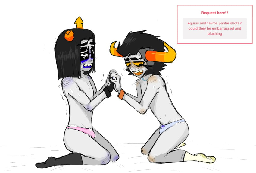 2boys alien alien_humanoid black_hair black_hair_male bracelet color colored colored_skin crackship crossdressing crossdressing_male eequius_zahhak electric_(artist) embarrassed embarrassed_male fangs femboy gay grey_skin handholding holding_hands homestuck homestuck_troll horn horns humanoid humanoid_alien long_horns male male_focus male_only mostly_nude mostly_nude_male panties partially_clothed partially_clothed_male sharp_teeth short_hair short_hair_male small_male socks sunglasses tavros_nitram troll twink yaoi