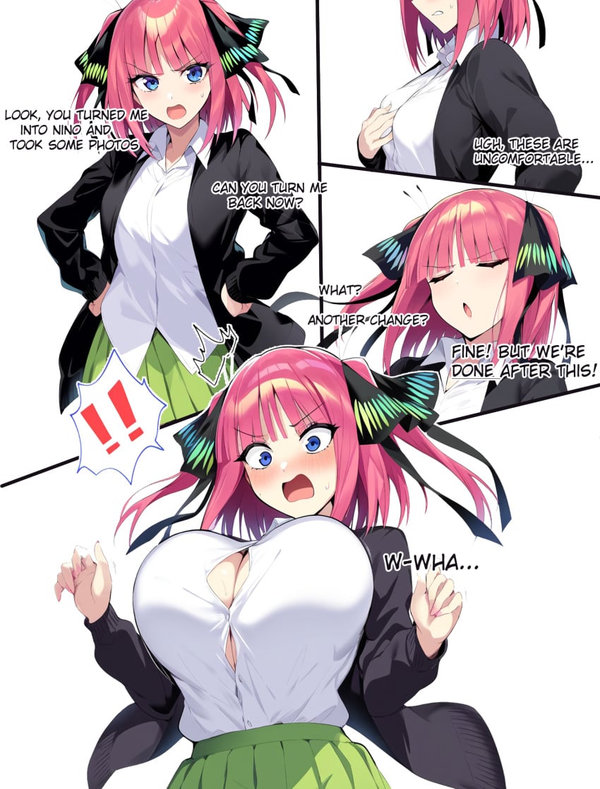 1girls ai_generated big_breasts black_jacket blue_eyes breast_expansion button_gap closed_eyes comic english_text genderswap_(mtf) go-toubun_no_hanayome green_skirt hair_ornament hands_on_hips maayka nakano_nino open_jacket open_mouth pink_hair rule_63 school_uniform surprised white_shirt