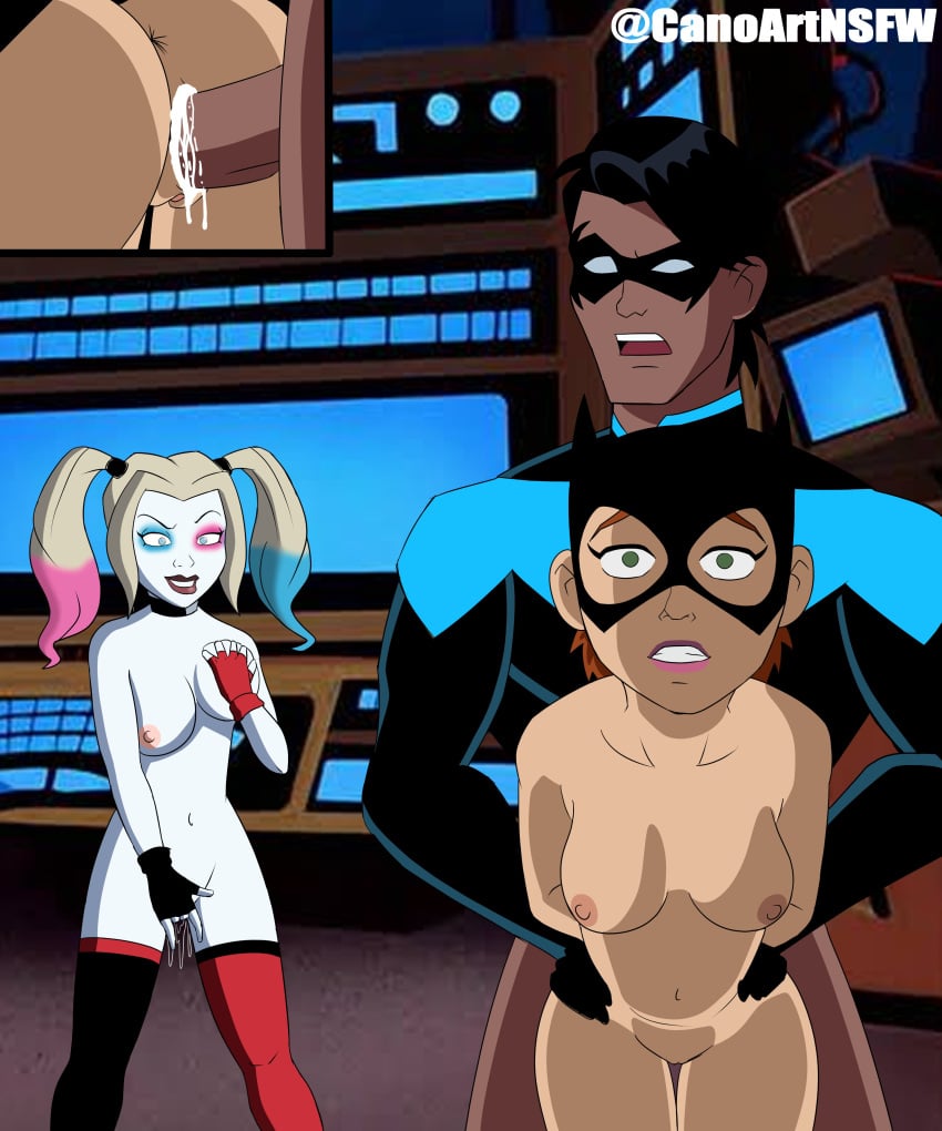 1boy 2girls barbara_gordon batgirl bent_over canoartnsfw caught caught_in_the_act cum cum_inside dc dc_comics dick_grayson female fingering_self harleen_quinzel harley_quinn harley_quinn_(series) male masturbation nightwing penetration pussy_juice sex