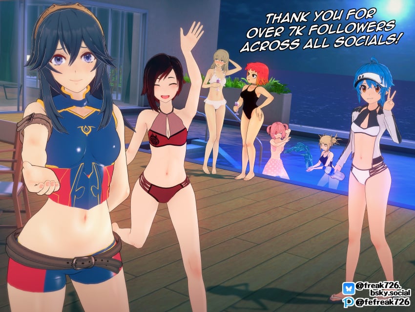 3d 6+girls 7girls alternate_costume arm_behind_head armpits bare_arms bare_legs bare_midriff bare_shoulders bare_thighs belt black_eyes black_hair black_one-piece_swimsuit black_swimsuit blonde_hair blue_bikini blue_eyes blue_hair blue_nails blue_one-piece_swimsuit blue_swimsuit blush bottle brand_of_the_exalt breasts brown_eyes brown_hair bush chair choker cleavage closed_eyes collarbone crossover dark_blue_hair doki_doki_literature_club drink embarrassed fefreak726 female female_only fire_emblem fire_emblem_awakening fire_emblem_cipher frown full_moon glass green_eyes grin hair_between_eyes hand_on_own_head hand_on_own_hip happy hat heavy_blush himiko_toga house jacket leg_up legs light_blue_hair long_hair long_sleeves looking_at_viewer looking_away lucina_(fire_emblem) maka_albarn medium_breasts medium_hair midriff moon multicolored_hair multiple_girls my_hero_academia nail_polish natsuki_(doki_doki_literature_club) navel night nintendo official_alternate_costume one-piece_swimsuit open_clothes open_jacket open_mouth orange_hair orange_nails original outdoors partially_submerged pink_bikini pink_eyes pink_hair pink_swimsuit plant pool ramona_flowers reaching_out reaching_towards_viewer red_bikini red_hair red_swimsuit ruby_rose running rwby scott_pilgrim short_hair shoulders shy shy_smile sidelocks small_breasts smile soul_eater splashing standing swimsuit symbol-shaped_pupils thighs tiara toenail_polish v visor_cap waving waving_at_viewer white_bikini white_swimsuit yellow_eyes