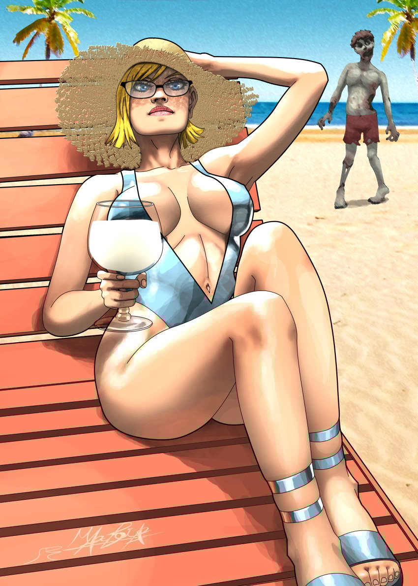 beach big_breasts blonde_hair breasts english_teacher escape_from_zombie_u female glasses human looking_at_viewer male mayorto melody_farrington swimsuit teacher video_games zombie