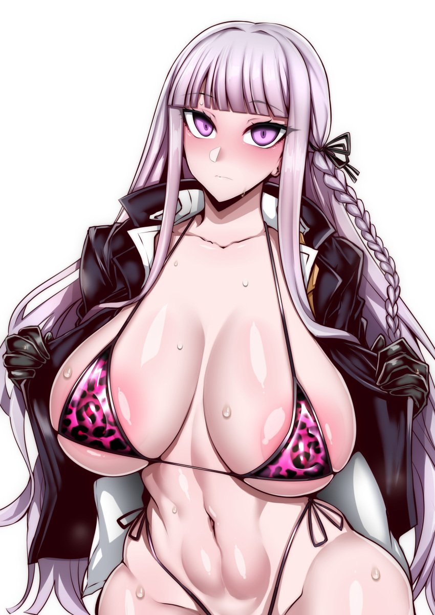 1girls absurdres big_breasts bikini black_jacket blush braid danganronpa expressionless female gggg gloves highres huge_breasts jacket kirigiri_kyouko open_clothes purple_eyes purple_hair solo sweat swimsuit white_background