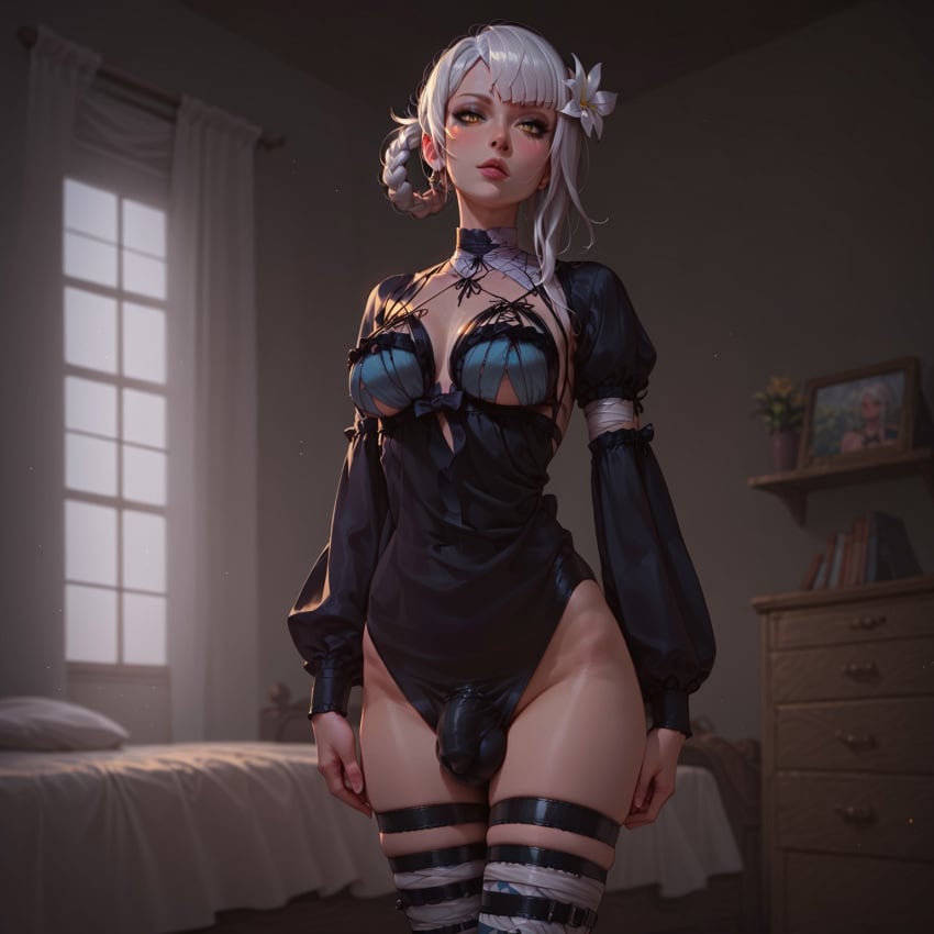 1futa ai_generated athletic_futanari bedroom_background big_breasts blindparty breasts bulge bulge_in_panties civitai dickgirl flower_in_hair futanari hair_bun kaine_(nier) lingerie looking_at_viewer lunar_tear nier nier_replicant penis square_enix white_hair yellow_eyes