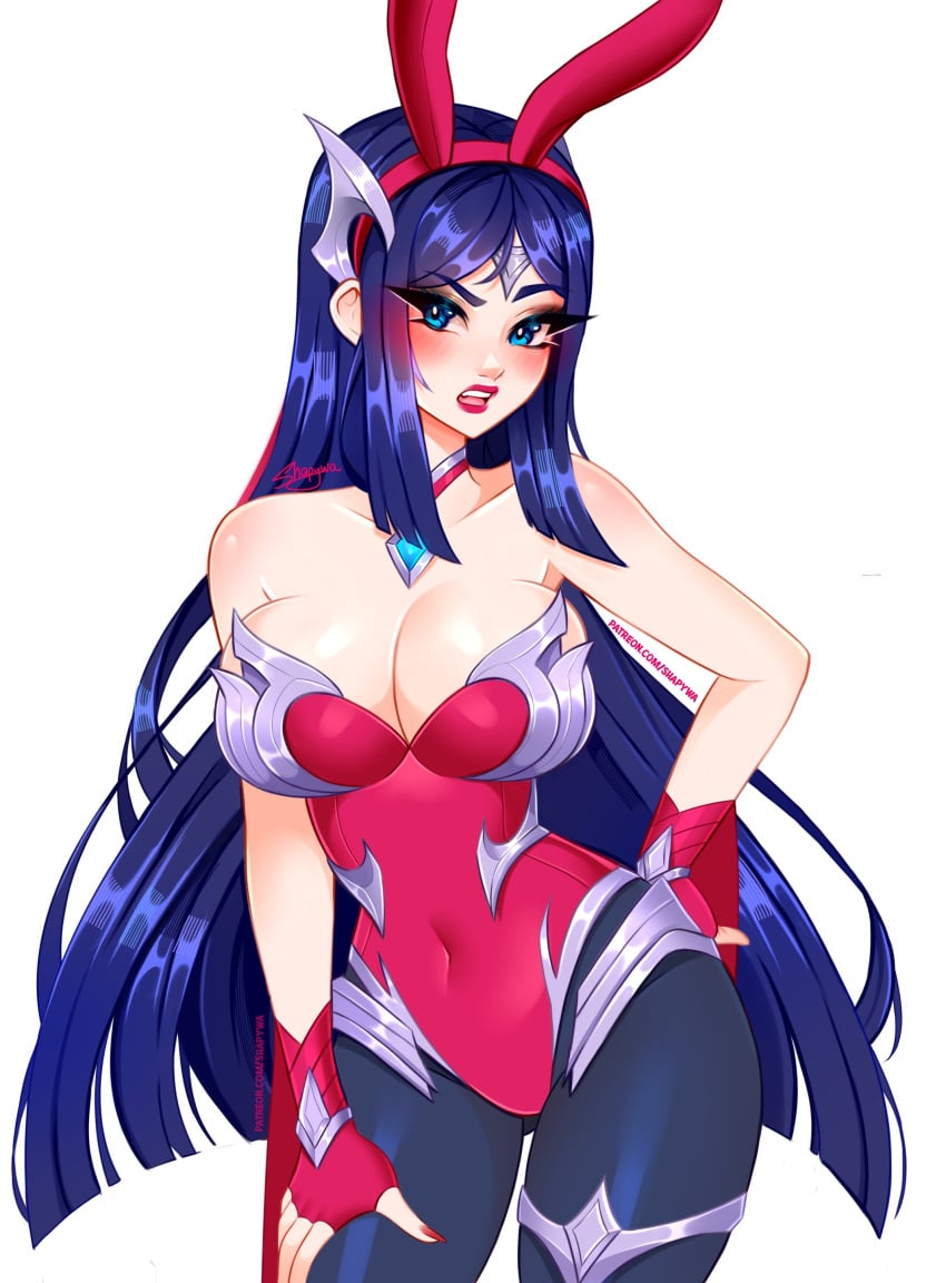 1female 1girl 1girls blue_eyes blush breasts bunny_costume bunny_ears bunny_girl bunnysuit curvaceous curvy curvy_figure female female_focus female_only front_view headgear headwear irelia_xan league_of_legends long_hair riot_games shapywa solo solo_female solo_focus standing watermark white_background