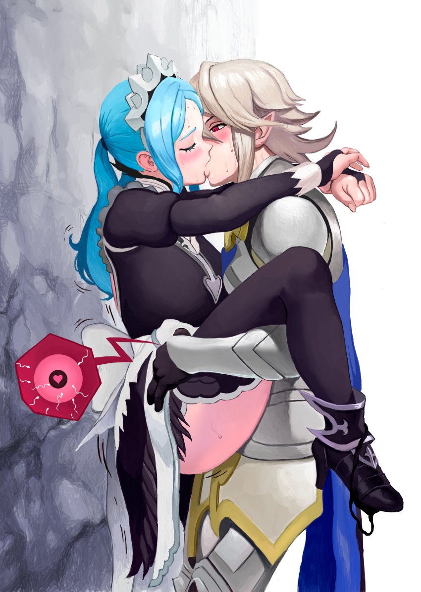 1boy 1girls armor arms_around_neck bare_thighs big_breasts black_dress black_footwear black_thighhighs blonde_hair blue_cape blue_eyes blue_hair bridal_gauntlets cape closed_eyes clothed_sex corrin_(fire_emblem) corrin_(fire_emblem)_(male) corrin_(male)_(fire_emblem) cum cum_in_pussy cum_inside dress elf elf_ears female female_human fire_emblem fire_emblem_fates flora_(fire_emblem) from_side heart high_heels highres human impregnation inner_thighs kissing kissing_while_penetrated large_breasts light-skinned_female long_hair long_sleeves maid maid_headdress male master_and_servant motion_lines nintendo ovum ovum_with_heart panties panties_around_one_ankle panty_pull pointy_ears ponytail prince profile red_eyes royalty sex sperm sperm_cell sperm_meets_ovum standing standing_sex straight suspended_congress sweat thighhighs thighs underwear upright_straddle vaginal_penetration wazu-san