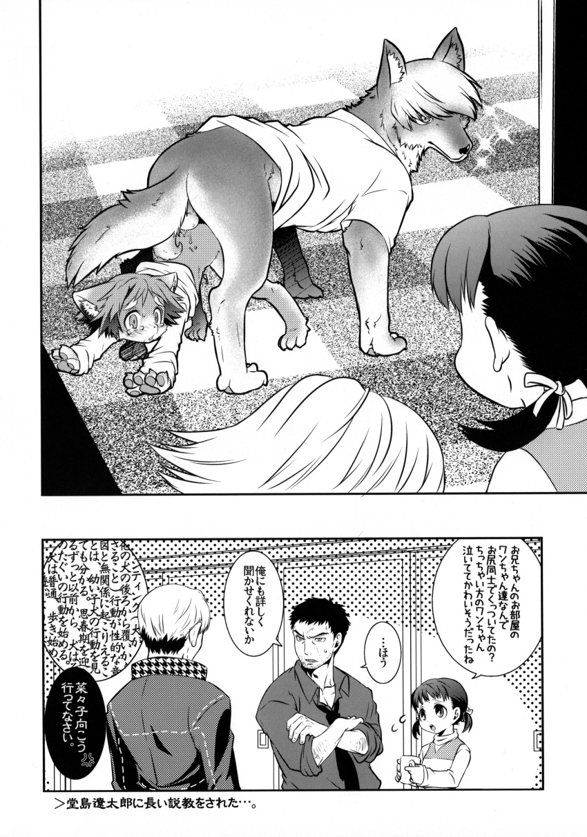 all_fours anal ass_to_ass balls beast_trail black_and_white blush bottomless bound canine caught clothed clothing comic cup feral feral_on_feral gay hair half-dressed hanamura_yousuke hibachi inside japanese_text kanji_tatsumi male mammal monochrome pawpads paws persona_4 pokerface ribbons shiba_inu sweat tears text young