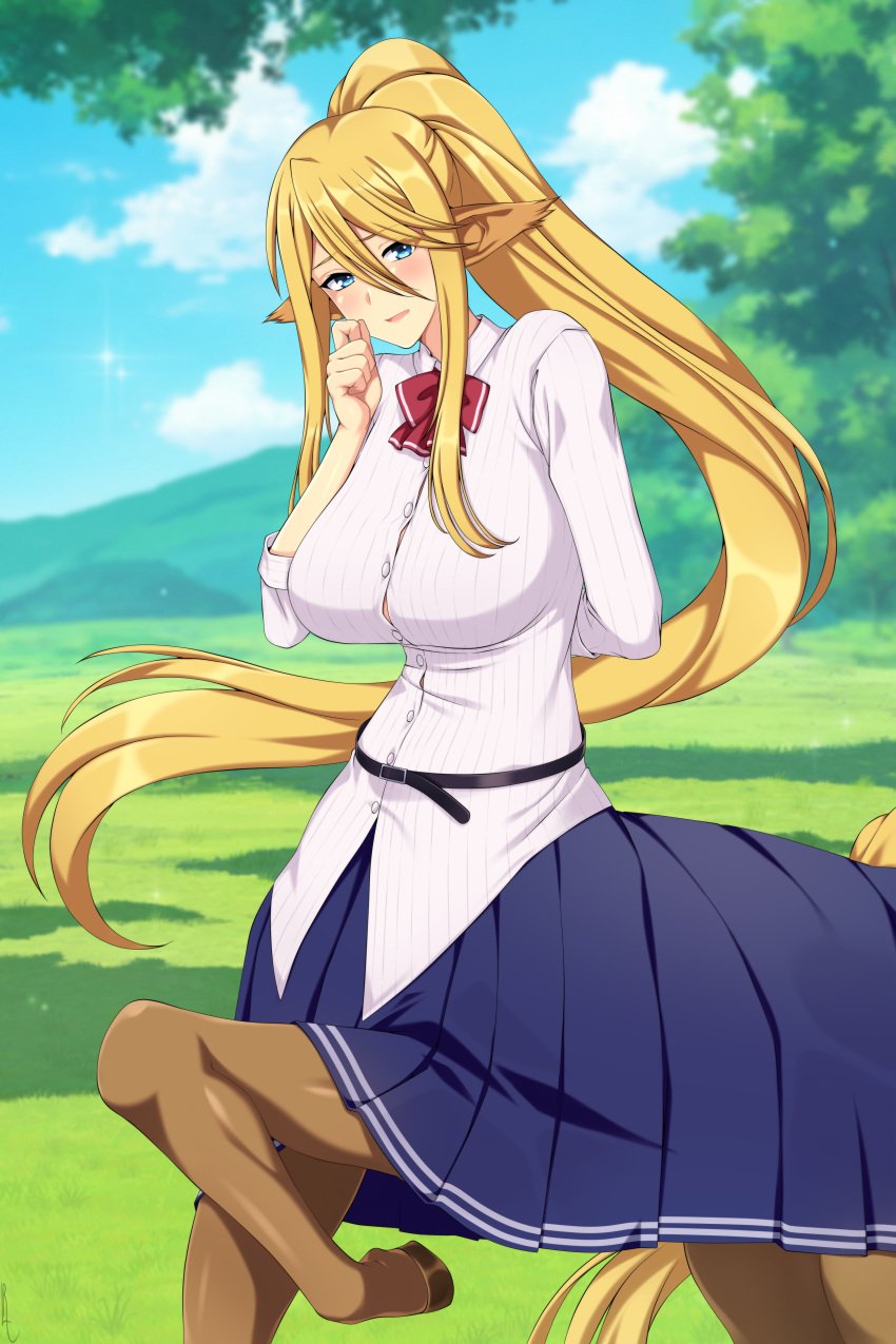 blonde_hair centaur centauress centorea_shianus fully_clothed huge_breasts lindaroze monster_musume_no_iru_nichijou school_uniform schoolgirl_uniform tagme