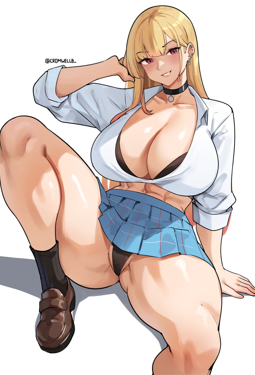 1girls abs alternate_breast_size artist_name blonde_hair cromwellb female female_only human kitagawa_marin long_hair long_hair_female looking_at_viewer muscular_abs open_shirt shirt shoes skirt smiling_at_viewer solo sono_bisque_doll_wa_koi_wo_suru spread_legs thick_thighs underwear white_background