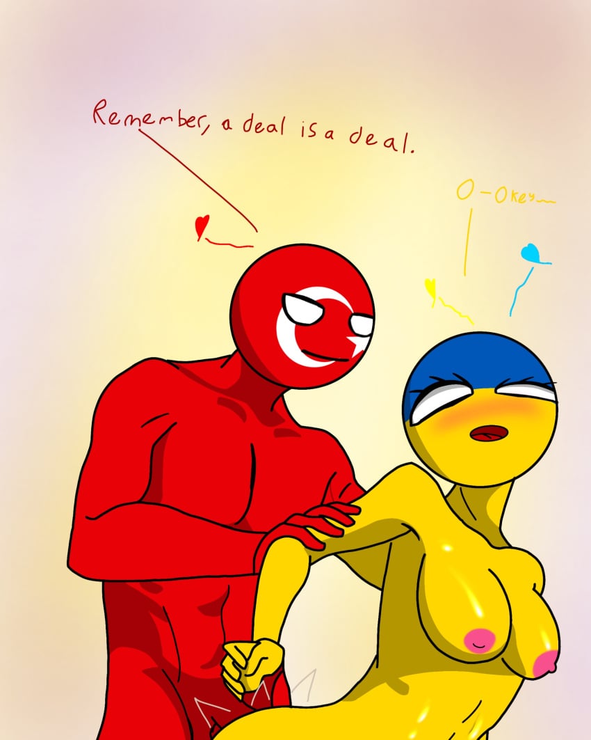 breasts countryhumans countryhumans_girl moon red_body red_skin star turkey_(countryhumans) ukraine_(countryhumans) white_eyes yellow_body yellow_skin