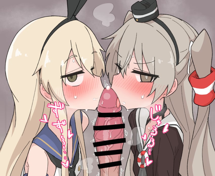 1boy 2girls amatsukaze_(kantai_collection) ame_(amechan17391739) bar_censor blonde_hair blush censored cooperative_fellatio double_fellatio erection fellatio glansjob grey_background kantai_collection large_penis licking licking_penis long_hair multiple_girls oral penis shimakaze_(kantai_collection) simple_background steam steaming_body straight tongue tongue_out twintails young