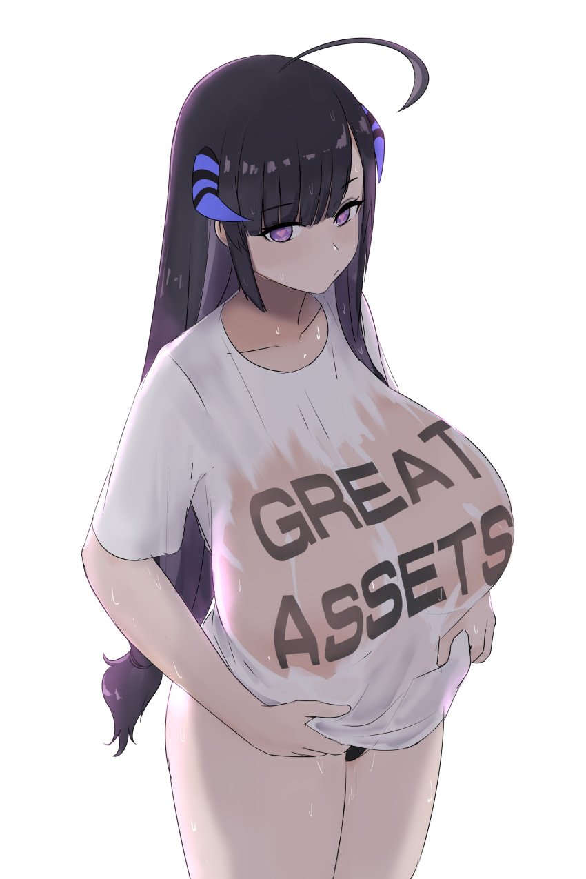 1girls black_hair breasts dullahan female female_only gigantic_breasts heart-shaped_pupils horns huge_breasts indie_virtual_youtuber light-skinned_female light_skin monster_girl nao_(ritsancrossover) no_bra no_panties purple_eyes shirt simple_background solo symbol-shaped_pupils t-shirt virtual_youtuber wet wet_clothes wet_shirt white_background yura_rikudou