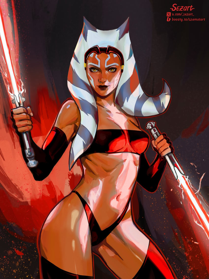 1girls ahsoka_tano ahsoka_tano_(imperial) alien alien_girl clothing dark_clothing female female_focus female_only lightsaber red_lightsaber sezart sith small_breasts solo star_wars star_wars:_the_clone_wars togruta yellow_eyes