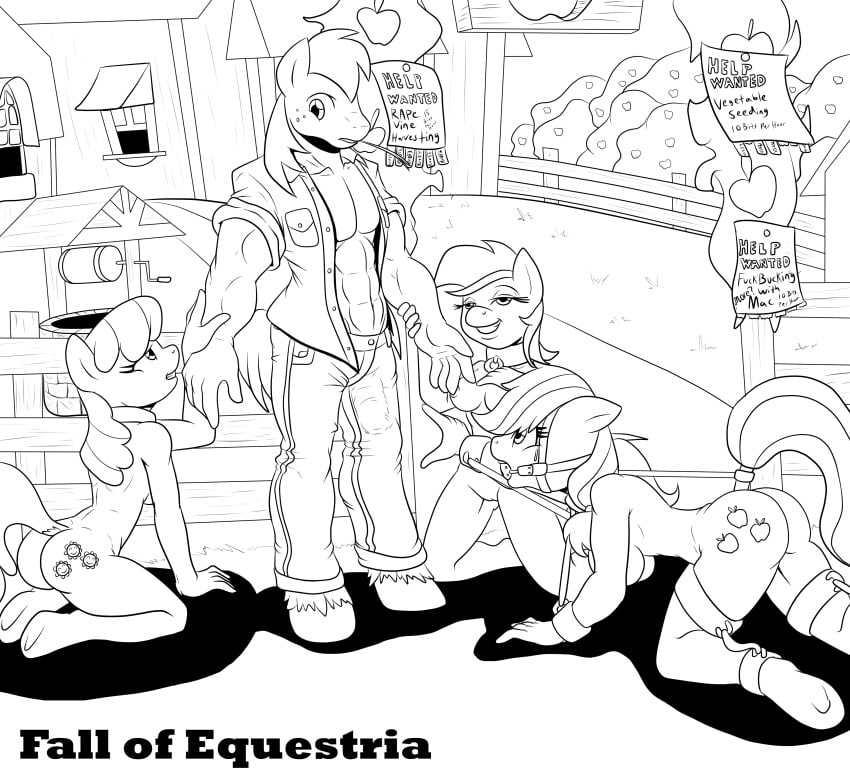 10s 2014 abs anthro anthrofied applejack_(mlp) ball_gag barn big_macintosh_(mlp) black_and_white bridle cheerilee_(mlp) clothing collar cutie_mark earth_pony english_text equine fall_of_equestria female fence friendship_is_magic gag horse kneeling male mammal monochrome muscles my_little_pony nude outside pony poprocks pussy roseluck_(mlp) shackles slave smooth_skin text tree well wheat