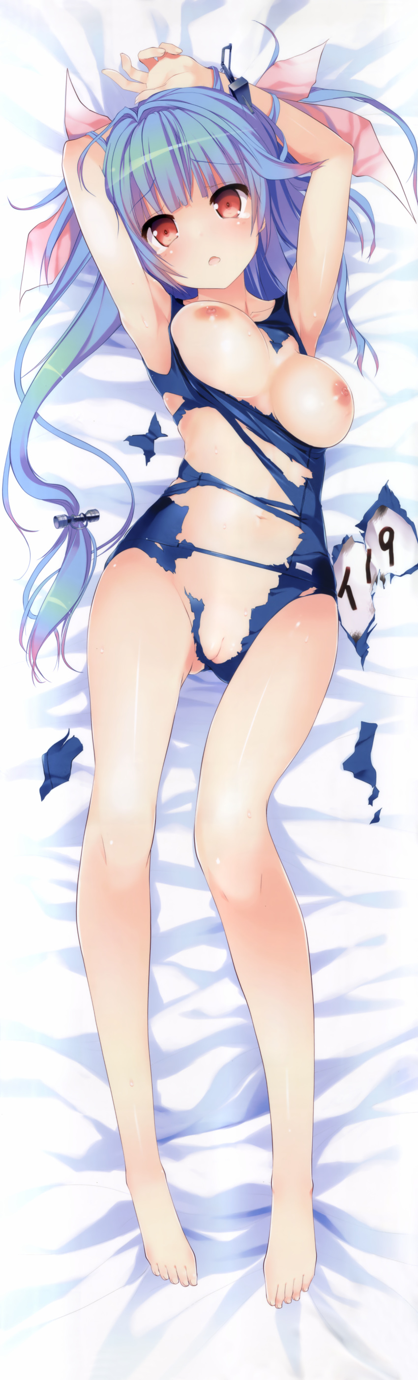 absurdres armpits arms_up blue_hair breasts dakimakura female hair_intakes hair_ornament highres huge_filesize i-19_(kantai_collection) kantai_collection legs name_tag nimura_yuuji nipples pink_eyes pussy red_eyes school_swimsuit swimsuit torn_clothes torn_swimsuit uncensored