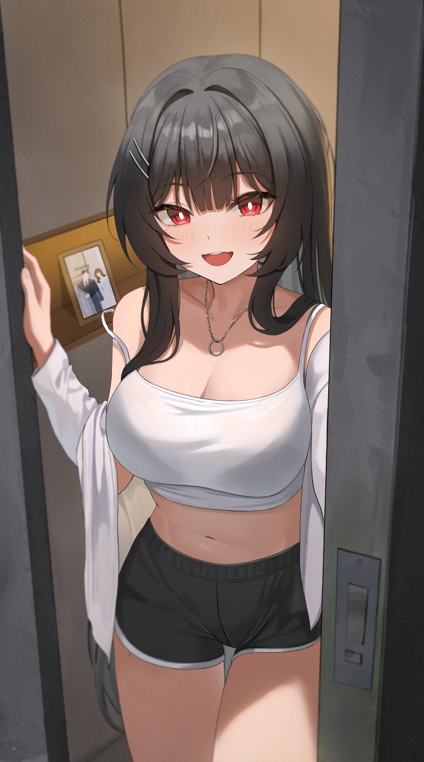 1boy 1girls apartment big_breasts black_hair blush breasts busty cleavage door female hi_res inviting looking_at_viewer married_woman midriff necklace original photo_(object) pov red_eyes shorts strap_slip tank_top wedding_ring