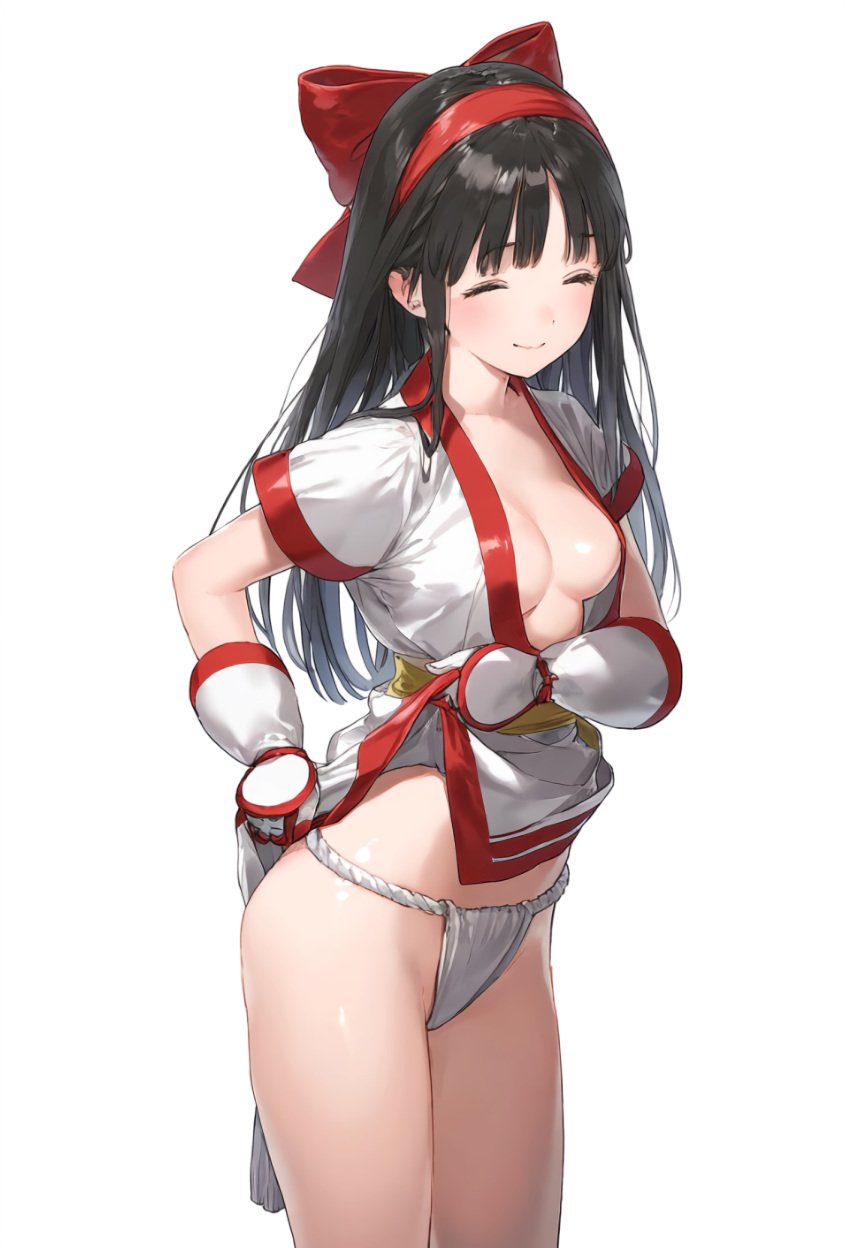 1girls ainu_clothes black_hair breasts cleavage closed_eyes clothes_lift female female_only fingerless_gloves fundoshi gloves hair_ribbon happy hi_res king_of_fighters legs lifted_by_self long_hair medium_breasts nakoruru open_clothes samurai_shodown sensual smile snk solo thighs