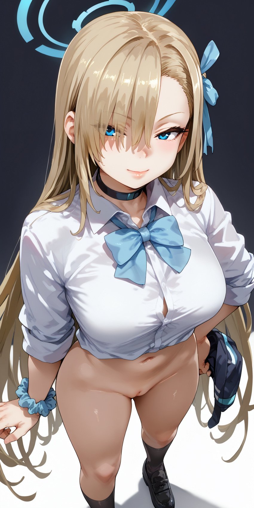 1girls 313aec ai_generated asuna_(blue_archive) asymmetrical_bangs black_shoes black_socks blue_archive blue_bow blue_eyes blue_ribbon blush bottomless bow bowtie breasts button_gap choker female_focus female_only from_above hair_over_one_eye hair_ribbon halo large_breasts light-skinned_female light_brown_hair lips long_hair looking_at_viewer millennium_science_school_student navel pussy ribbon school_uniform simple_background smile solo solo_female stable_diffusion standing straight_hair thighs very_long_hair white_shirt wrist_scrunchie