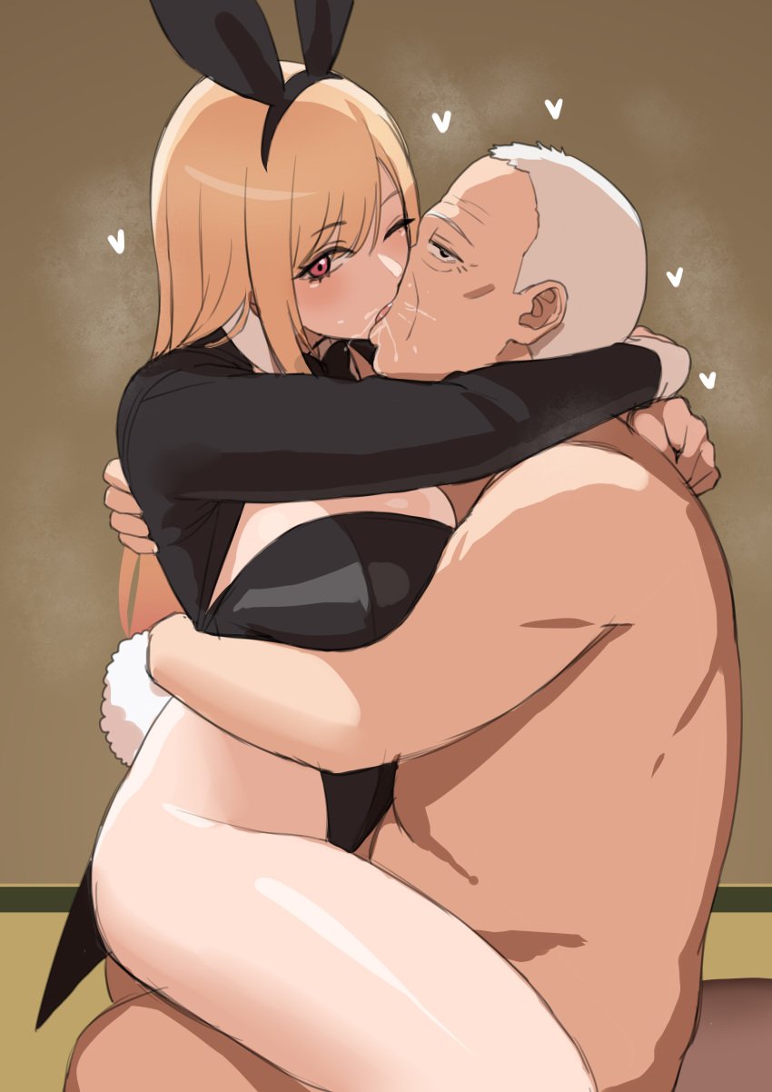1boy 1girls blonde_hair bunny_ears bunnysuit doubledouble french_kissing gojou_kaoru kissing kitagawa_marin my_dress_up_darling netorare old_male older_male saliva sono_bisque_doll_wa_koi_wo_suru white_hair younger_female