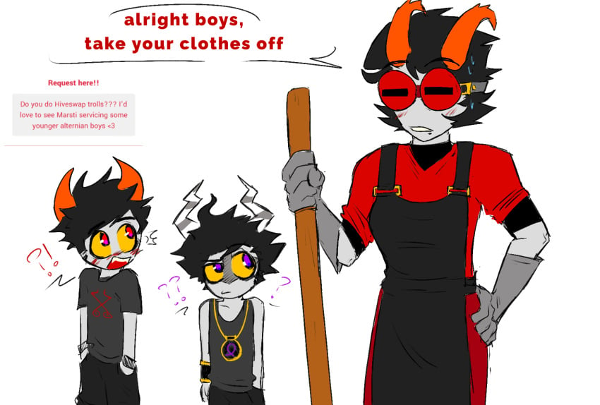 !? 1girl2boys 1girls 2boys 2boys1girl ? ?! ?? age_difference alien apron before_sex black_hair blush broom color colored dialogue dress electric_(artist) female glasses gloves goggles grey_skin hiveswap homestuck homestuck_troll horn horns karako_pierot little_boy male marsti_houtek older_female request text troll unusual_skin unusual_skin_color xefros_tritoh young_boy young_male younger_boy younger_male