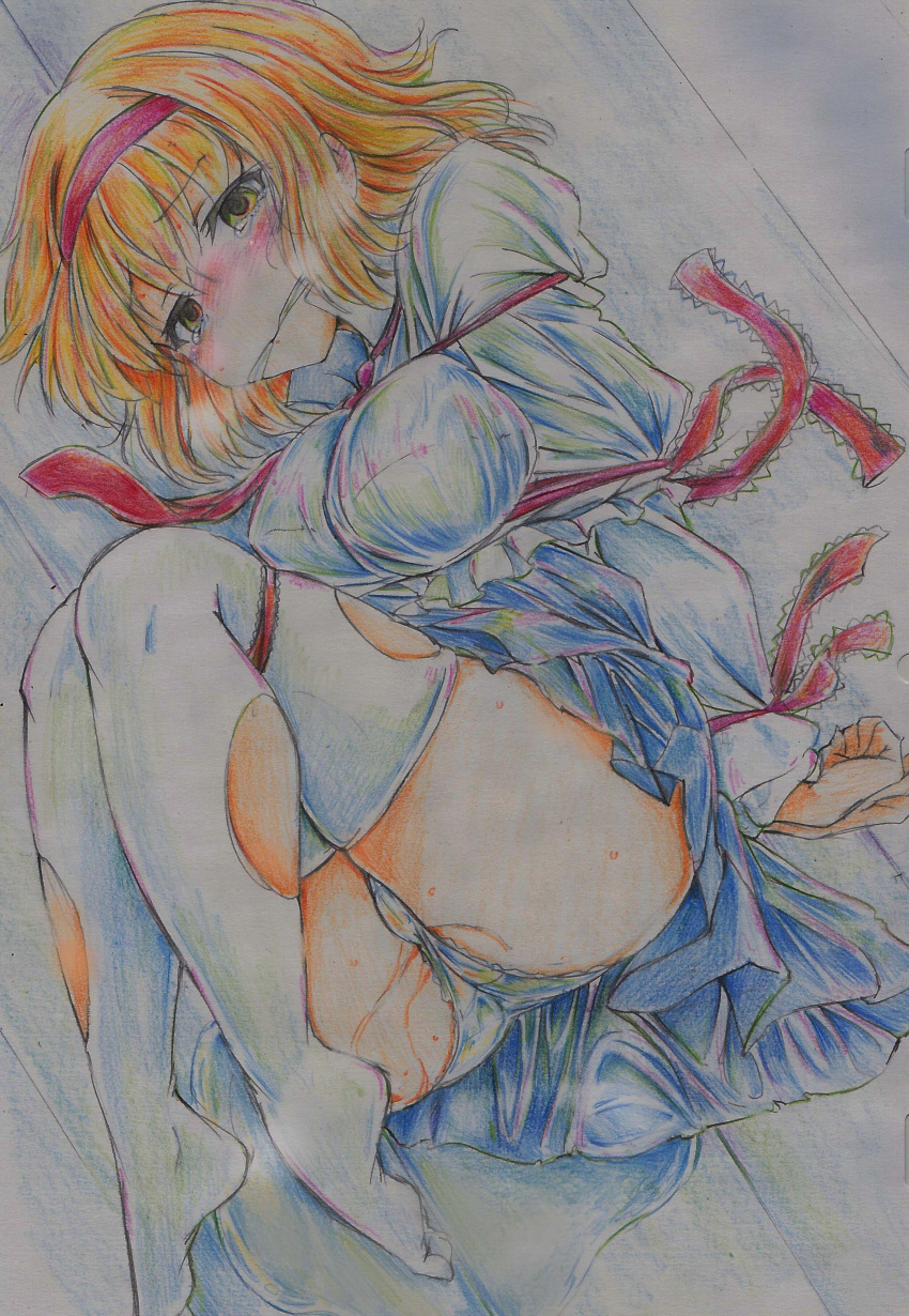 absurdres alice_margatroid blonde_hair blush bondage breasts colored_pencil_(medium) female gag gagged green_eyes hairband highres nichibotsu_(kitaziman) pussy_juice ribbon short_hair solo tears thighhighs torn_clothes torn_thighhighs touhou traditional_media