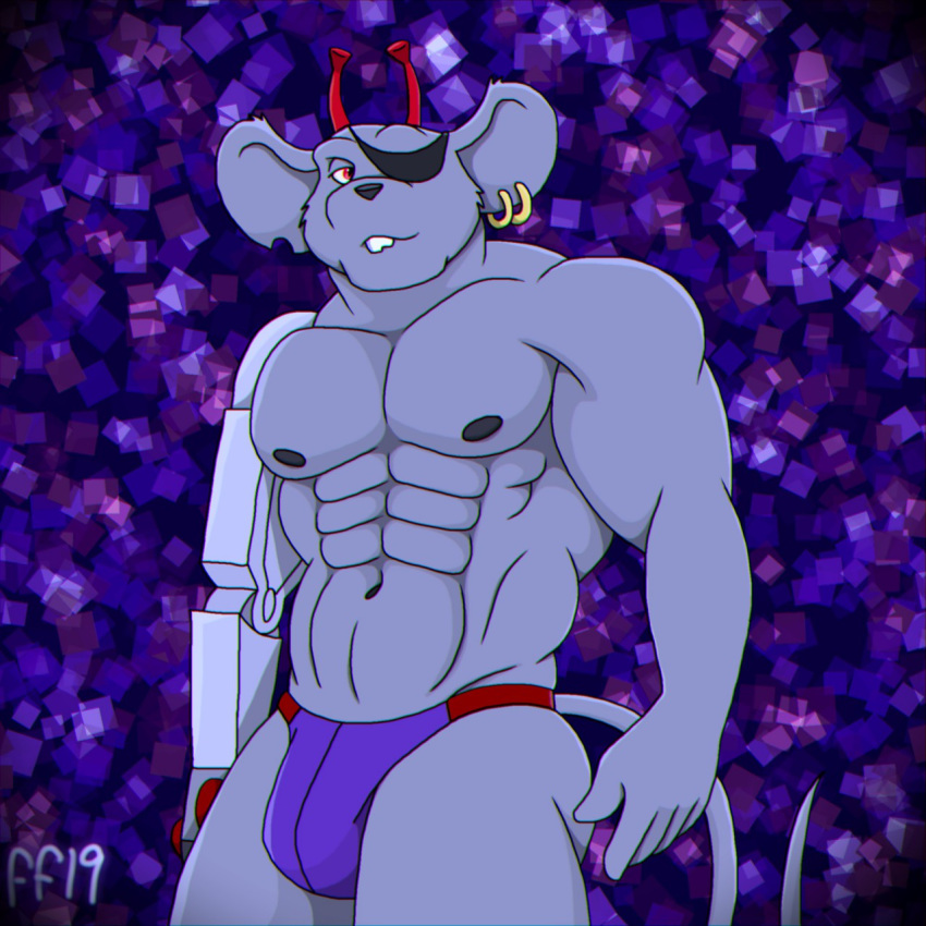 2019 abs alien antennae anthro athletic biceps big_muscles biker_mice_from_mars ear_piercing eye_patch eyewear fabfelipe fur grey_fur hi_res jockstrap male male_focus male_only mammal mechanical_arm modo_(bmfm) mouse muscular muscular_male piercing pinup pose red_eyes robotic_arm rodent solo standing tail teeth