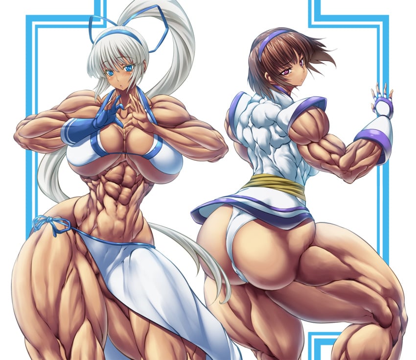 2girls abs breasts extreme_muscles highres huge_breasts impossible_clothes multiple_girls muscle purukogi_(plasma_beach) simple_background sweat