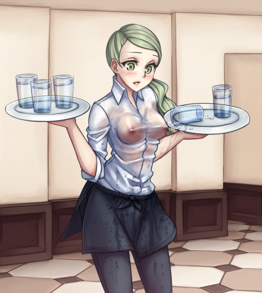 1girls black_skirt blonde_hair blush breasts embarrassed female green_eyes monorus nintendo nipples npc_trainer pokemon pokemon_xy ponytail see-through see-through_shirt shirt skirt small_breasts solo standing tied_hair waitress waitress_(pokemon) waitress_(pokemon_xy) wet wet_shirt