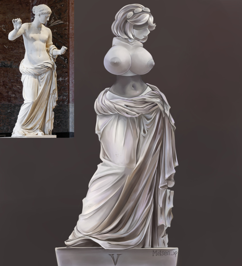 murder_drones meisen_xp murder_drone huge_breasts big_breasts big_hips statue statuefied statuefication glitch_productions grey_body petrified petrification stone stone_body fabric belly belly_button v_(murder_drones) serial_designation_v stone_statue