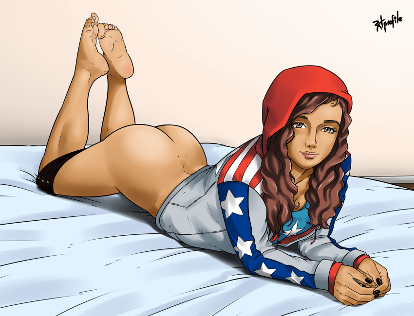 1girls america_chavez ass barefoot black_nails brown_eyes brown_hair brunette dark-skinned_female dark_skin feet_in_the_pose female female_only hood hoodie latina legs_up long_hair looking_at_viewer lying lying_down marvel marvel_comics miss_america miss_america_chavez nail_polish on_stomach radprofile shorts shorts_down smile soles solo teenager the_pose young_avengers