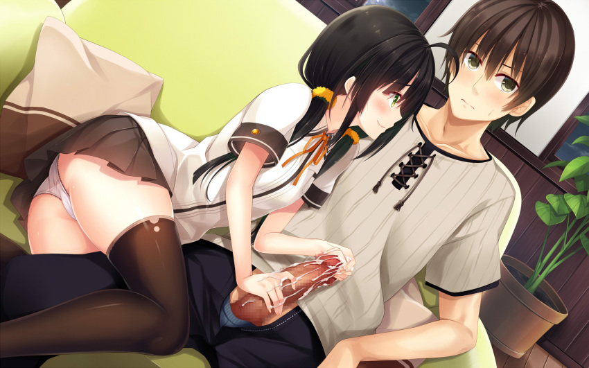 1boy ahoge black_hair black_legwear blush brown_hair cameltoe censored cum ejaculation female green_eyes handjob hatachi highres incest long_hair low_twintails mosaic_censoring panties pantyshot penis school_uniform short_hair siblings skirt smile thighhighs tied_hair twintails underwear