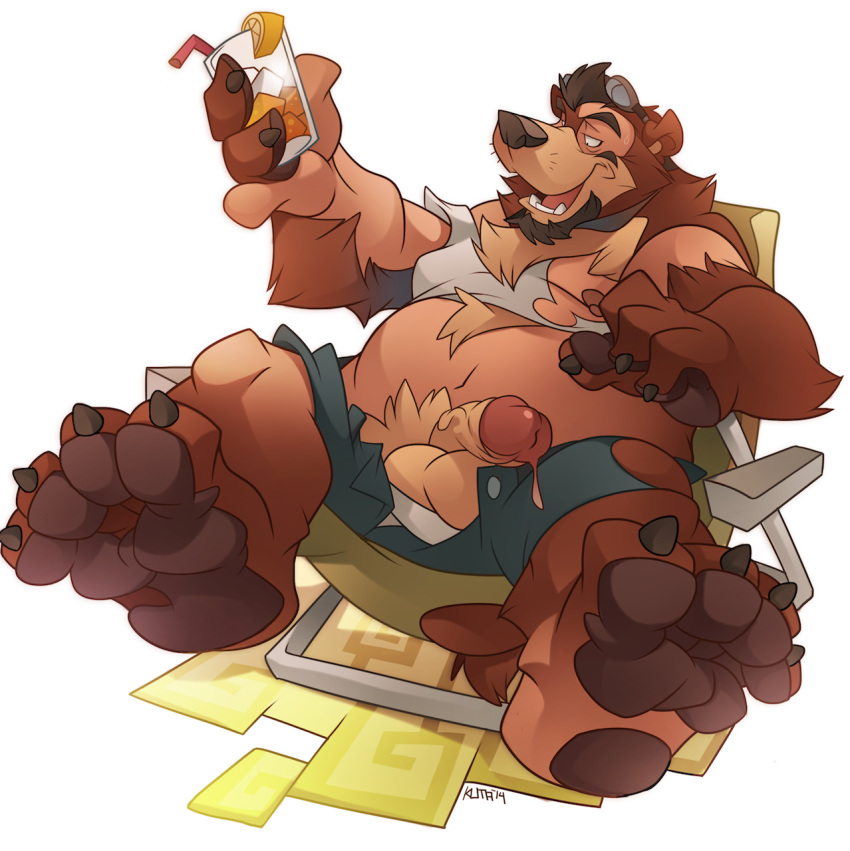 anthro ass balls bear big_ass big_paws bulge chubby drink dripping fur furry kuma lounging male mammal nipples penis sitting transformation underwear