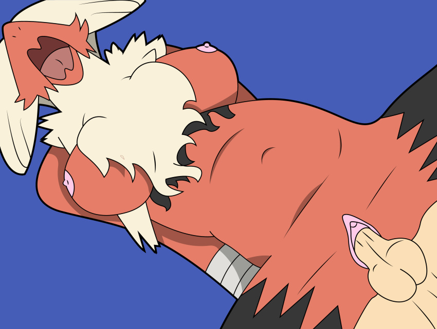 1boy 1girls beak blaziken blue_background breasts chest_tuft clitoris female human interspecies male mega_blaziken navel nintendo nipples open_mouth penis pokemon pokemon_(species) pokemon_trainer pokephilia pussy sex straight testicles tongue video_games