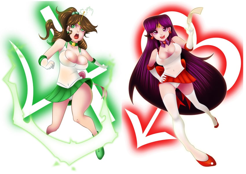 2girls big_breasts bishoujo_senshi_sailor_moon cleavage clothing ecchiman83 female female_only jupiter_symbol large_breasts lightning makoto_kino mars_symbol ofuda planet_symbol rei_hino sailor_jupiter sailor_mars short_skirt skirt stockings tagme