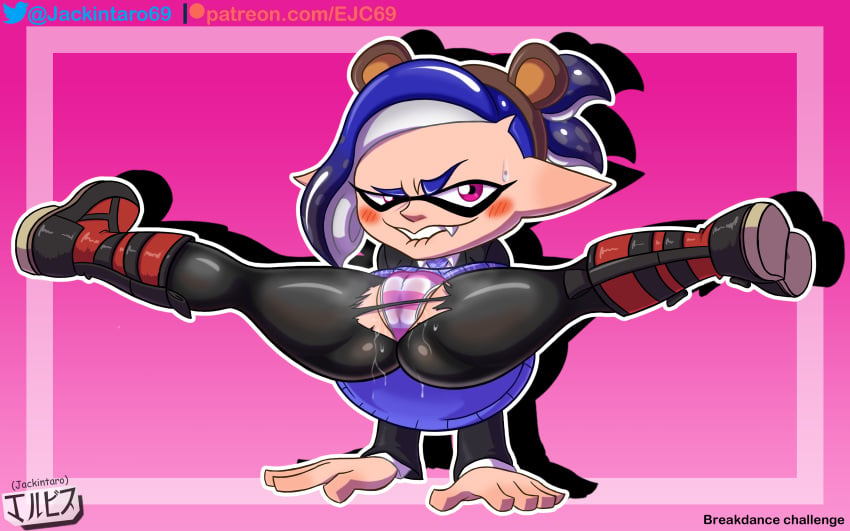 1girls bear_ears biting_lip blue_hair blush breakdancing clothes digital_media_(artwork) fanart fangs female female_only headband inkling inkling_girl jackintaro leggings looking_at_viewer nintendo panties pantyshot pink_background pink_eyes pussy_juice pussy_peek ripped_clothing simple_background splatoon splits spread_legs watermark