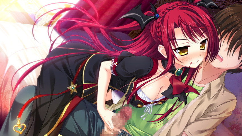 blood blush braid breasts censored cute_fang female game_cg gem jewel long_hair luce_yami_asutarite magical_marriage_lunatics!! penis red_hair smile yamakaze_ran yellow_eyes